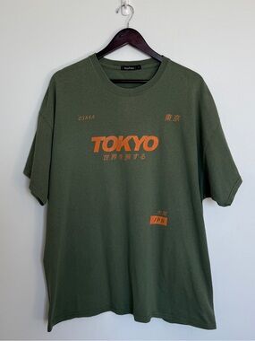 Boohoo Olive Green TOKYO Graphic Tee with Orange Print